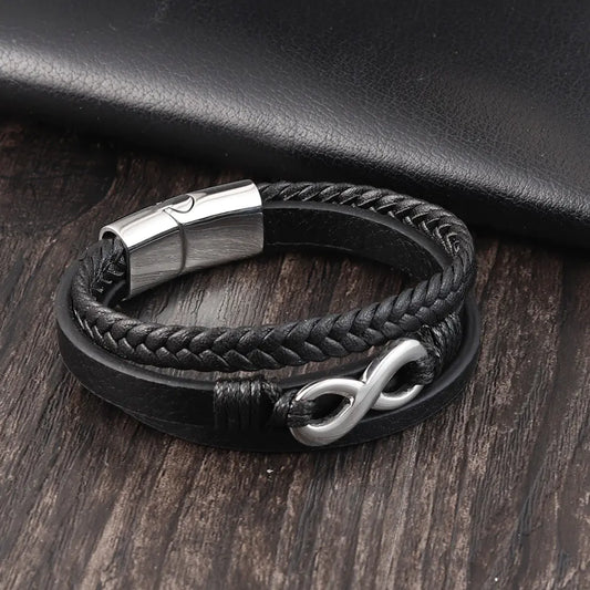 Genuine Leather Braided Men's Bracelet with Steel Accent