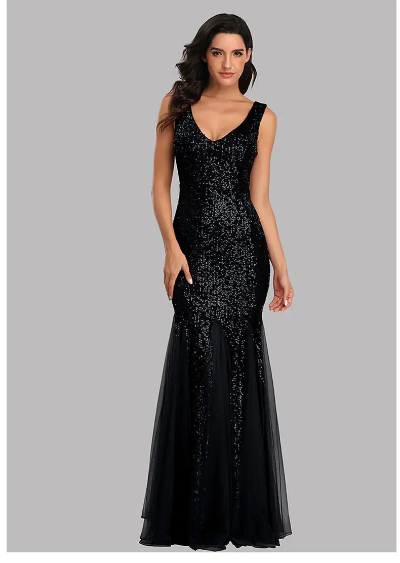Plus Size V-Neck Mermaid Sequin Evening Dress for Women