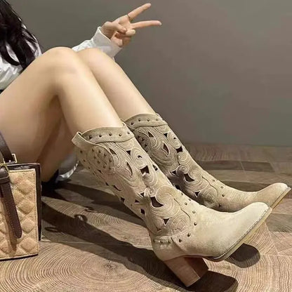Western Cowboy Boots with Chunky Heel and Embroidery