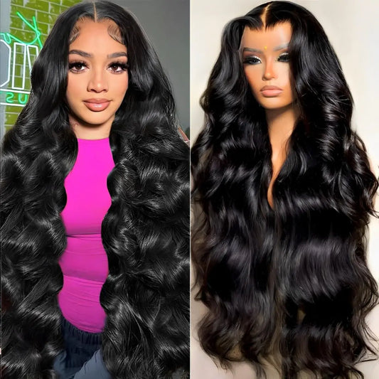 oveflect 24 Zoll 13x6 Lace-Front-Perücke Echthaar 200 Dichte Body Wave HD Lace-Front-Perücke Echthaar vorgezupft natürliche Farbe klebefreie Perücke 100 % unbehandeltes Echthaar Lace-Front-Perücke für Frauen