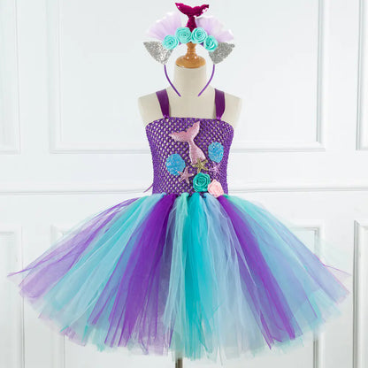 Mermaid Girls Princess Dress with Net Yarn Design  for girls aged 3 to 12 years,