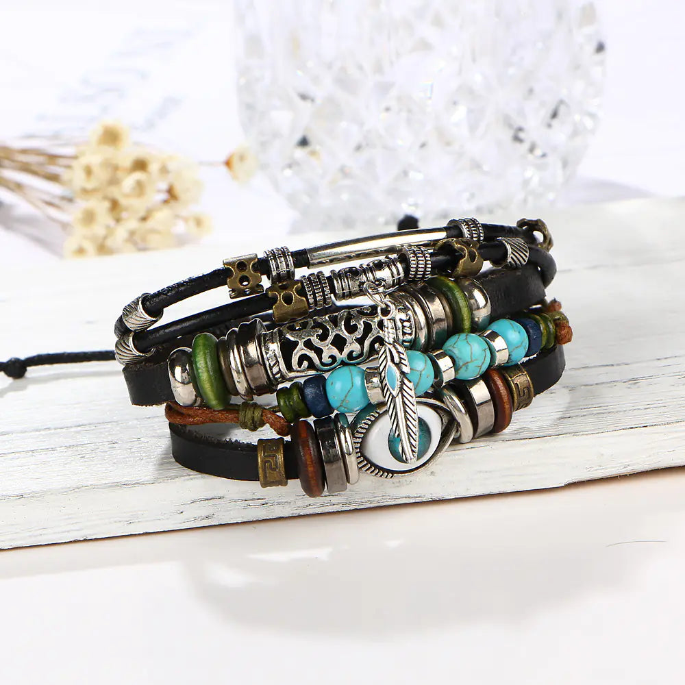 Boho Multilayer Leather Bracelets with Fish Charm Set