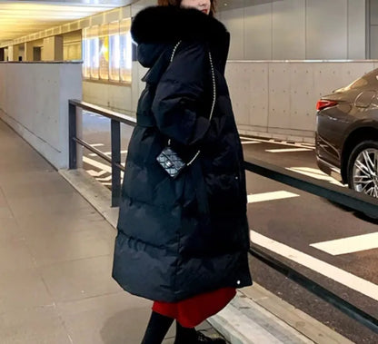 Women's Mid-Length Down Jacket with Over-the-Knee Fur Collar – Gratis Wereldwijde Verzending