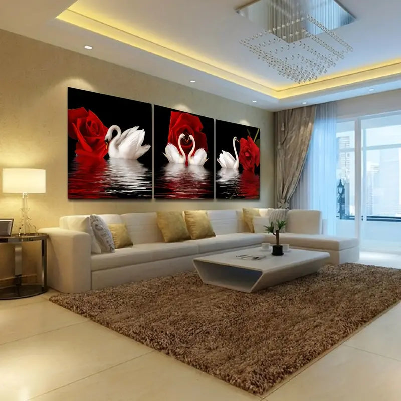 3pcs Canvas Posters - Romantic Swans & Red Roses Art