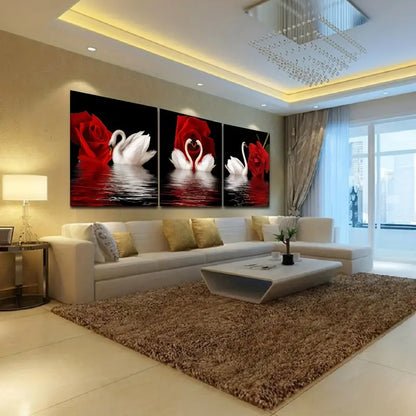 3pcs Canvas Posters - Romantic Swans & Red Roses Art