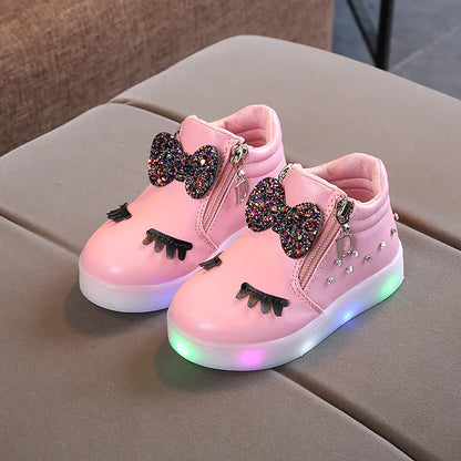 Girls' LED Light-Up Sneakers with Rhinestones and Bow children aged 1 to 6 years,