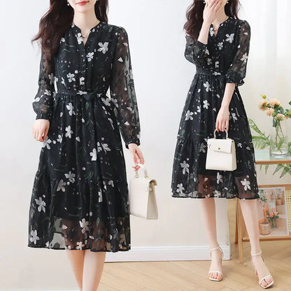 French Style Floral Chiffon Dress for Women  sizes ranging from S to XL,