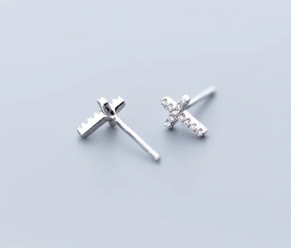 S925 Silver Minimalist Cross Stud Earrings with Diamonds