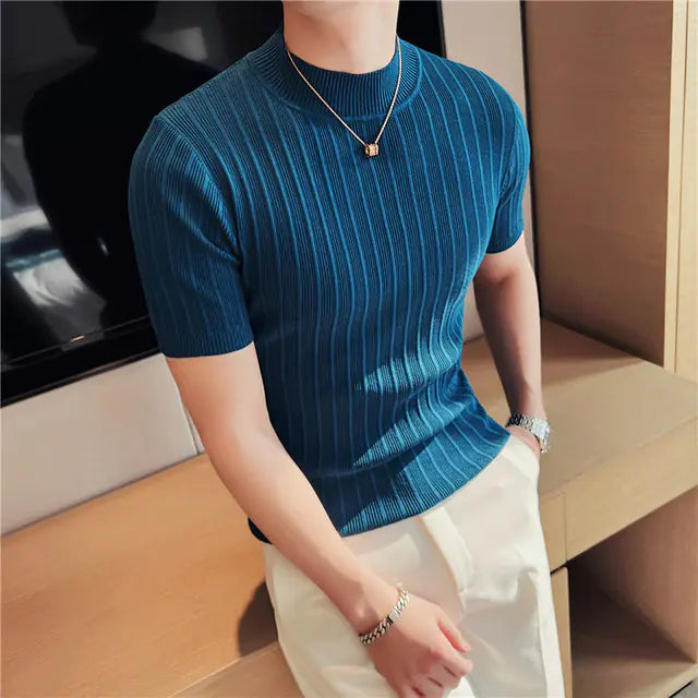 Men's High Collar Slim Fit Striped Knit Shirt Set sizes from M to XXXXL