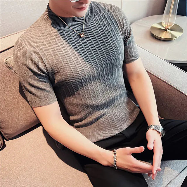 Men's High Collar Slim Fit Striped Knit Shirt Set sizes from M to XXXXL