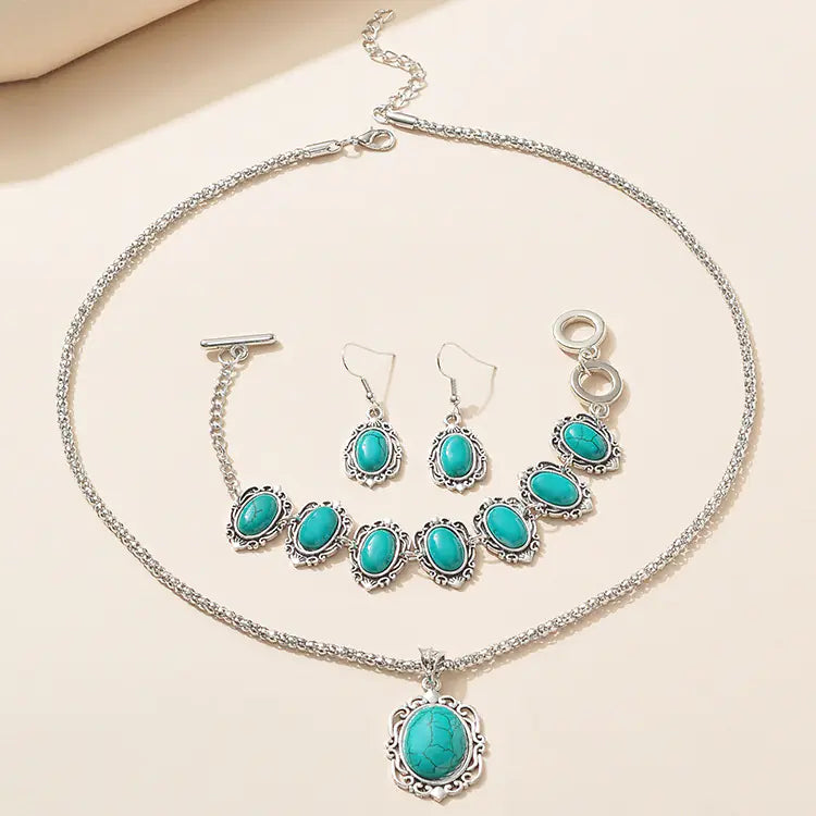 Bohemian Turquoise Jewelry Set: Necklace, Bracelet, Earrings