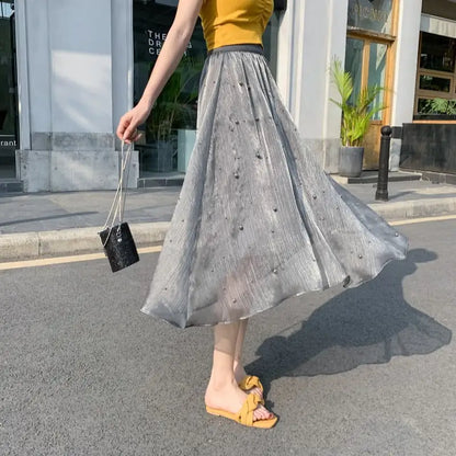 Mid-Length High Waist Chiffon A-Line Beaded Skirt