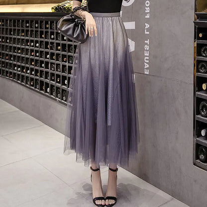 Gradient Tulle Midi Skirt, High-Waisted Flowing Design