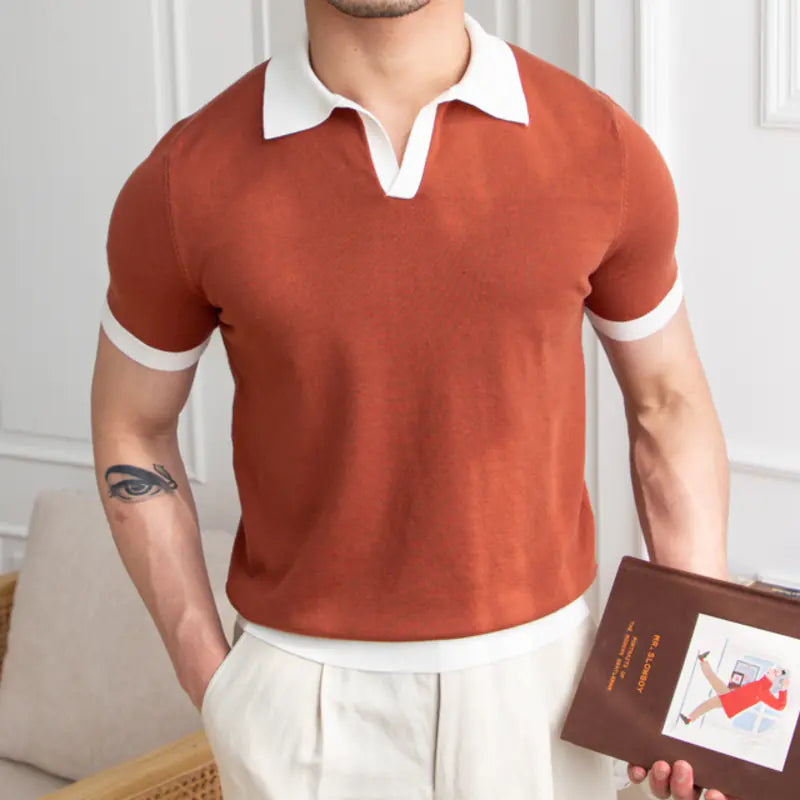 Men's Summer Red Polo Neck Slim Fit Short Sleeve Shirt