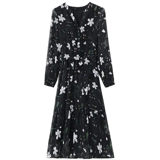 French Style Floral Chiffon Dress for Women  sizes ranging from S to XL,