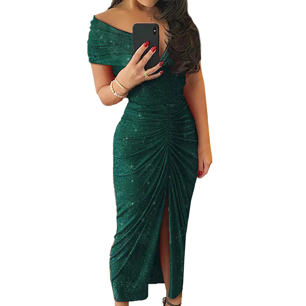 2020 New V-Neck Sequin Evening Dress with Shoulder Cutouts