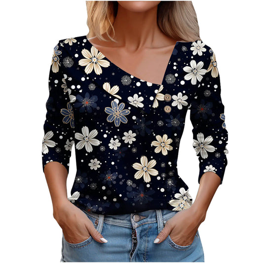 Women's Long Sleeve V-Neck Sunflower Print Top