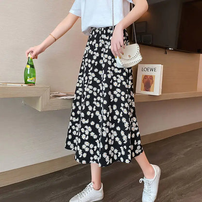 High Waist Chiffon Daisy A-line Mid-length Dress