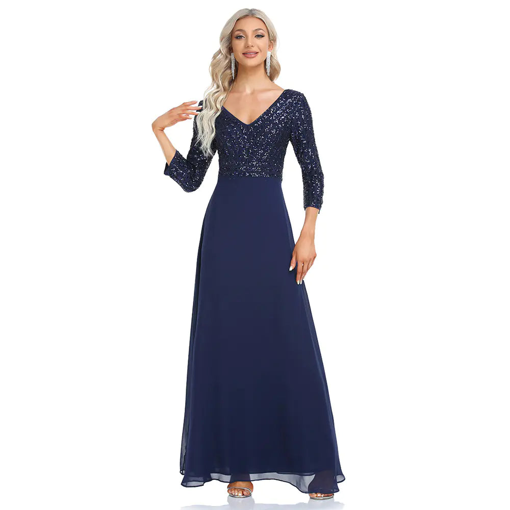 Women's Sequined Evening Dress with Chiffon V-neck