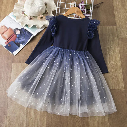 Gradient Starry Sky Long-Sleeved Princess Dress  sizes ranging from 110cm to 150cm,