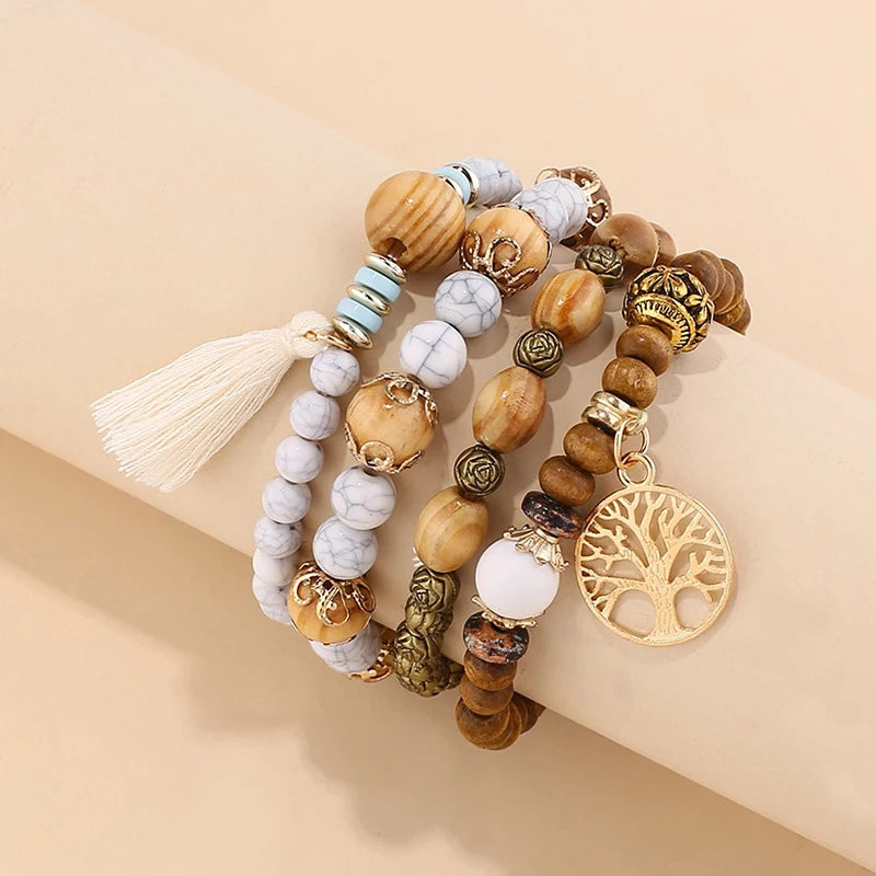 Boho Wooden Beaded Bracelet Set with Tree of Life Charm