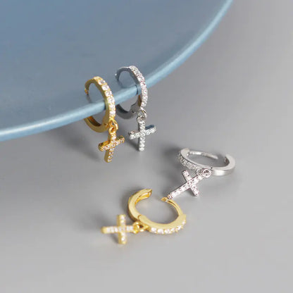 S925 Silver Geometric Cross Diamond Hoop Earrings