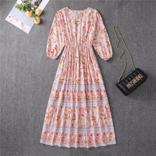 V-neck High Waist Bohemian Mid-length A-line Dress
