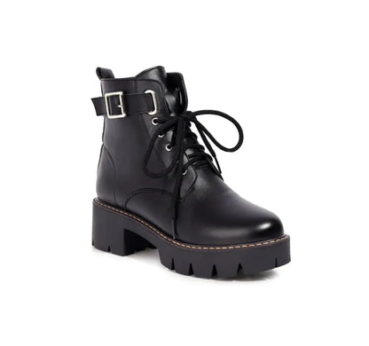 Handsome Martin Boots with Belt Buckle and Mid Heel