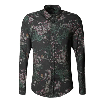Floral Long Sleeve Shirt, Slim Fit Casual Top