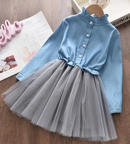 Girls' Denim Dress with Tulle Princess Skirt sizes ranging from 100cm to 140cm
