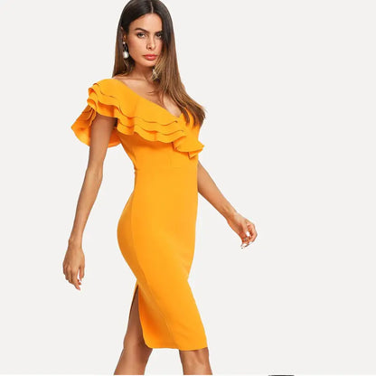 Deep V-Neck Ruffle Dress   sizes from M to XXL,