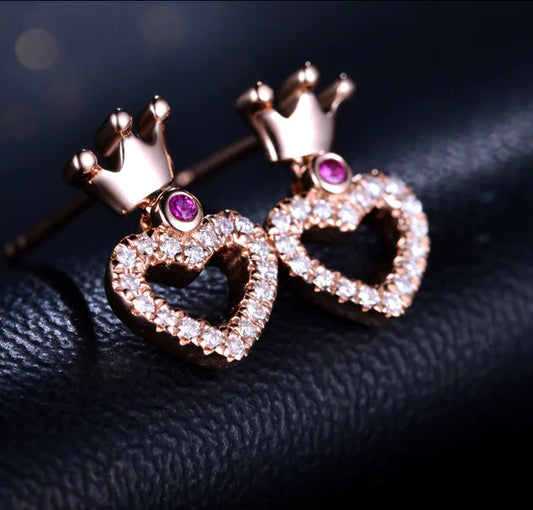 S925 Silver Crown Stud Earrings with Heart Zirconia