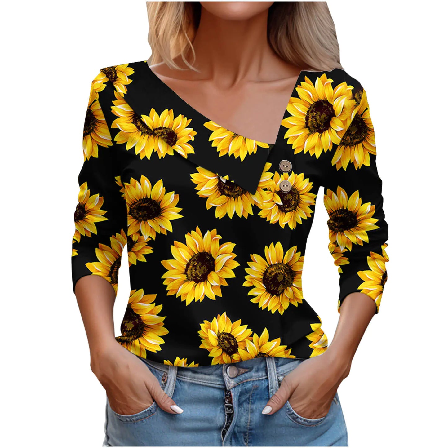 Women's Long Sleeve V-Neck Sunflower Print Top