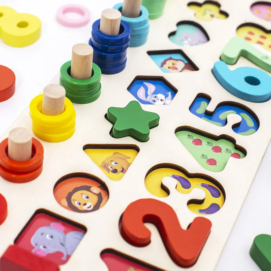 3-in-1 Houten Educatieve Puzzel – Kleuren, Cijfers & Vormen