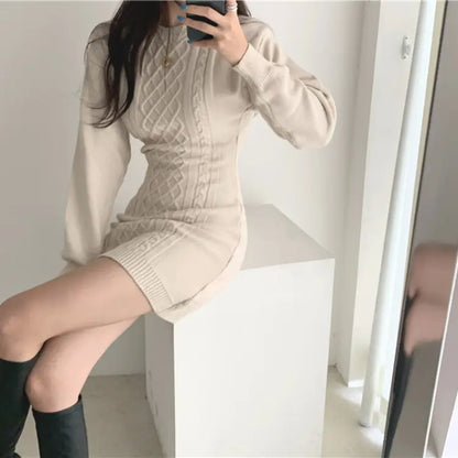 Korean Style Autumn Winter Diamond Knit Bodycon Dress