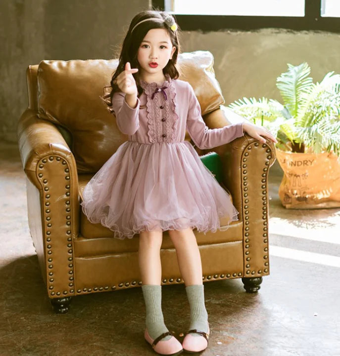 New Spring Long Sleeve Princess Lace Dress for Girls