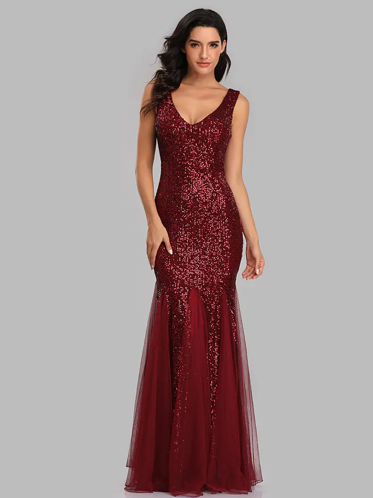 Plus Size V-Neck Mermaid Sequin Evening Dress for Women