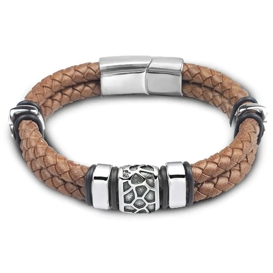 Men's Vintage Genuine Leather & Stainless Steel Bracelet