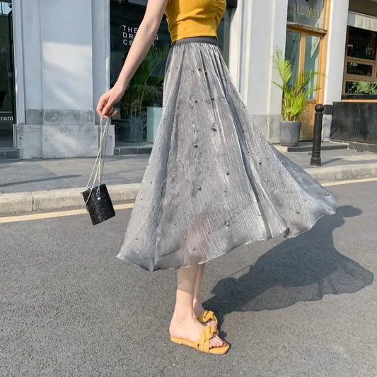 Mid-Length High Waist Chiffon A-Line Beaded Skirt