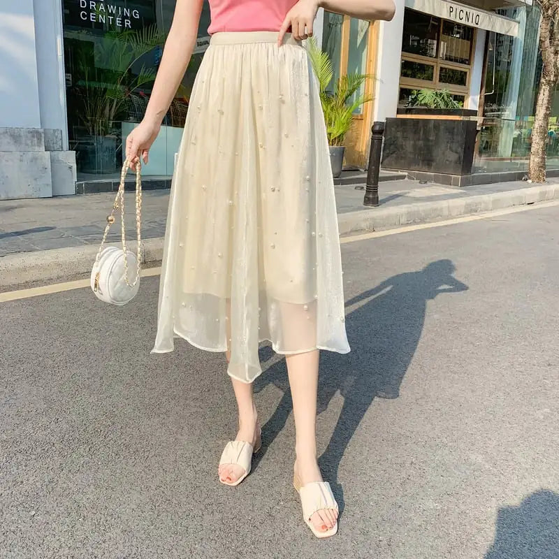Mid-Length High Waist Chiffon A-Line Beaded Skirt