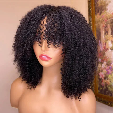 Kinky Curly Human Hair Pruik mit Pony – 100 % Echthaar