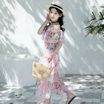 Thai Style Beach Dress for Girls - Summer Floral Chiffon sizes ranging from 120cm to 160cm