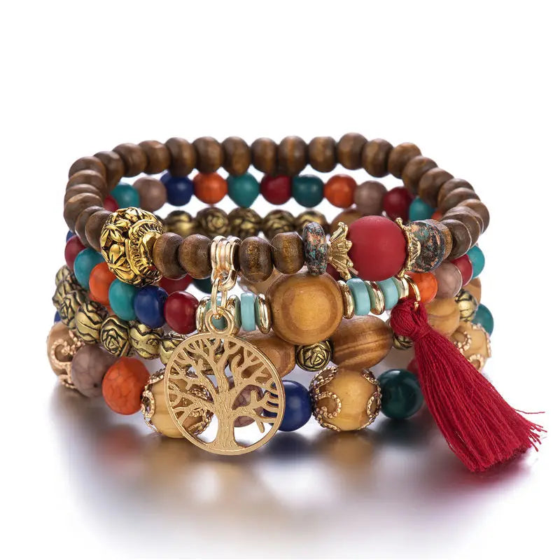 Boho Wooden Beaded Bracelet Set with Tree of Life Charm