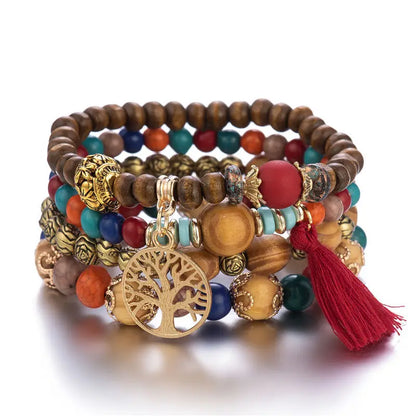 Boho Wooden Beaded Bracelet Set with Tree of Life Charm
