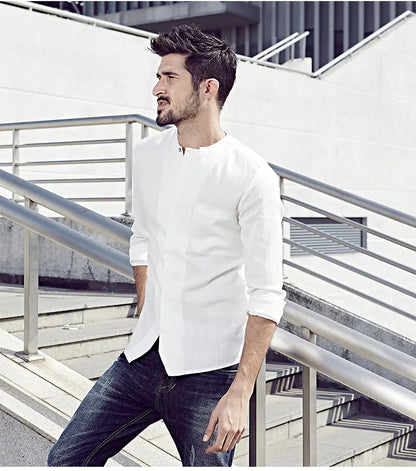 Men's Casual Long Sleeve Slim Fit Cotton Linen Shirt