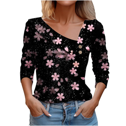 Women's Long Sleeve V-Neck Sunflower Print Top
