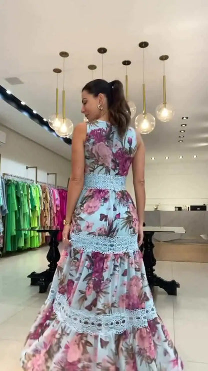 Fashion Floral Print V-Neck Lace-Up Maxi Dress sizes, from S to XXL,