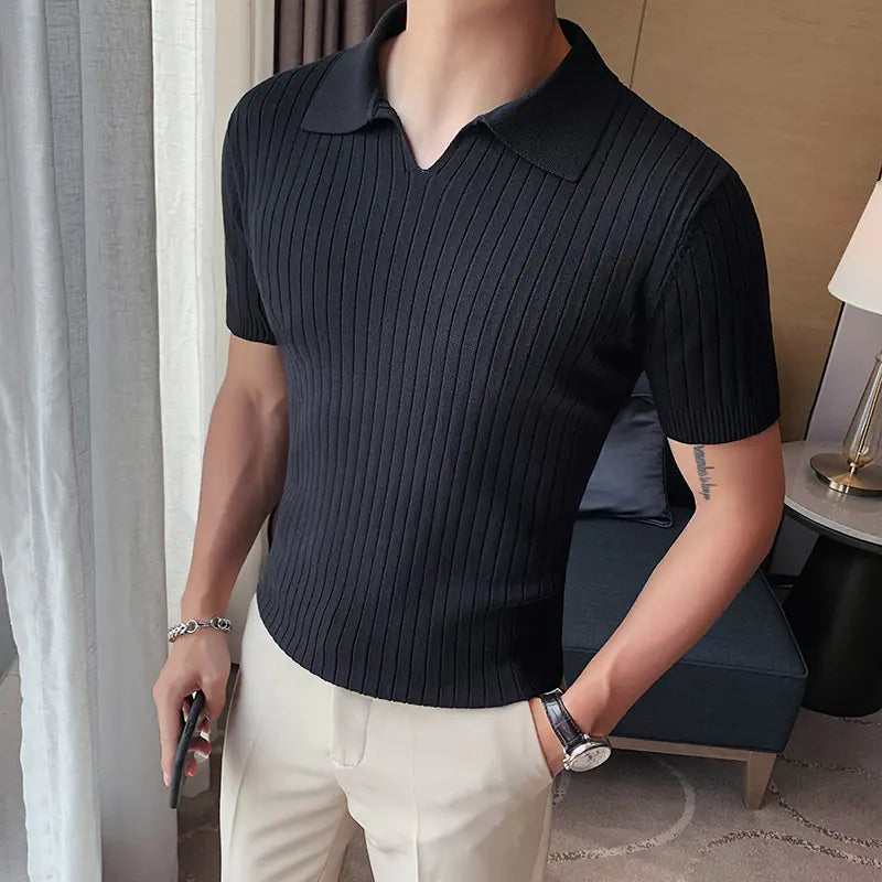 Men's Slim Fit V-Neck Knit Stripe Polo Shirt