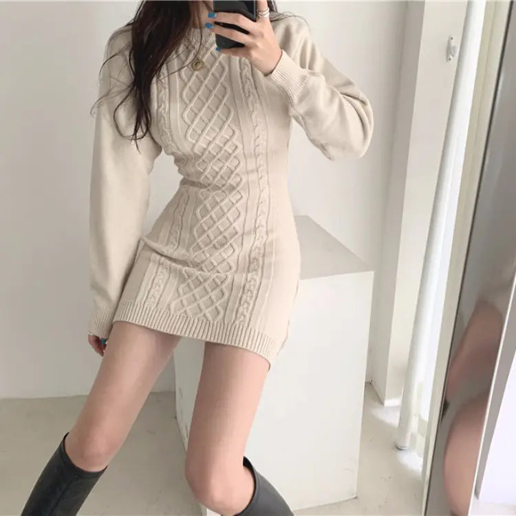 Korean Style Autumn Winter Diamond Knit Bodycon Dress