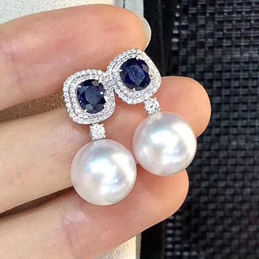 Elegant Pearl Earrings with Blue Zirconia Inlay
